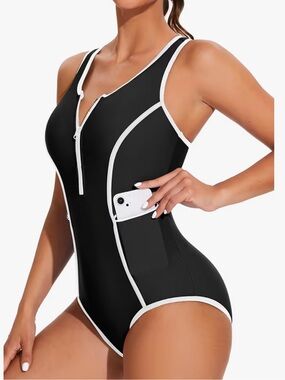 Charmo NWT L Black White Zip-Front & pockets upf 50 racerback Swimsuit